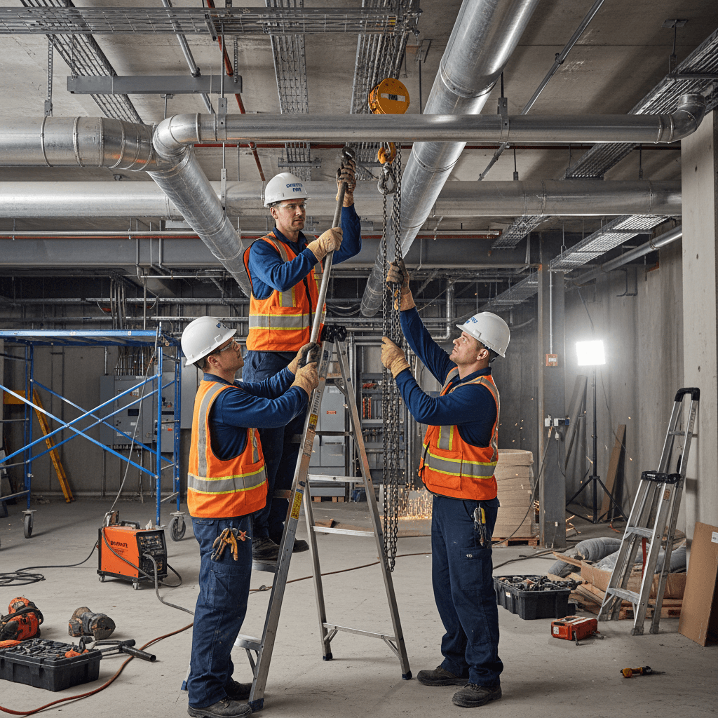 Two plumbers wearing safety gear install large pipes in a commercial building's mechanical room.