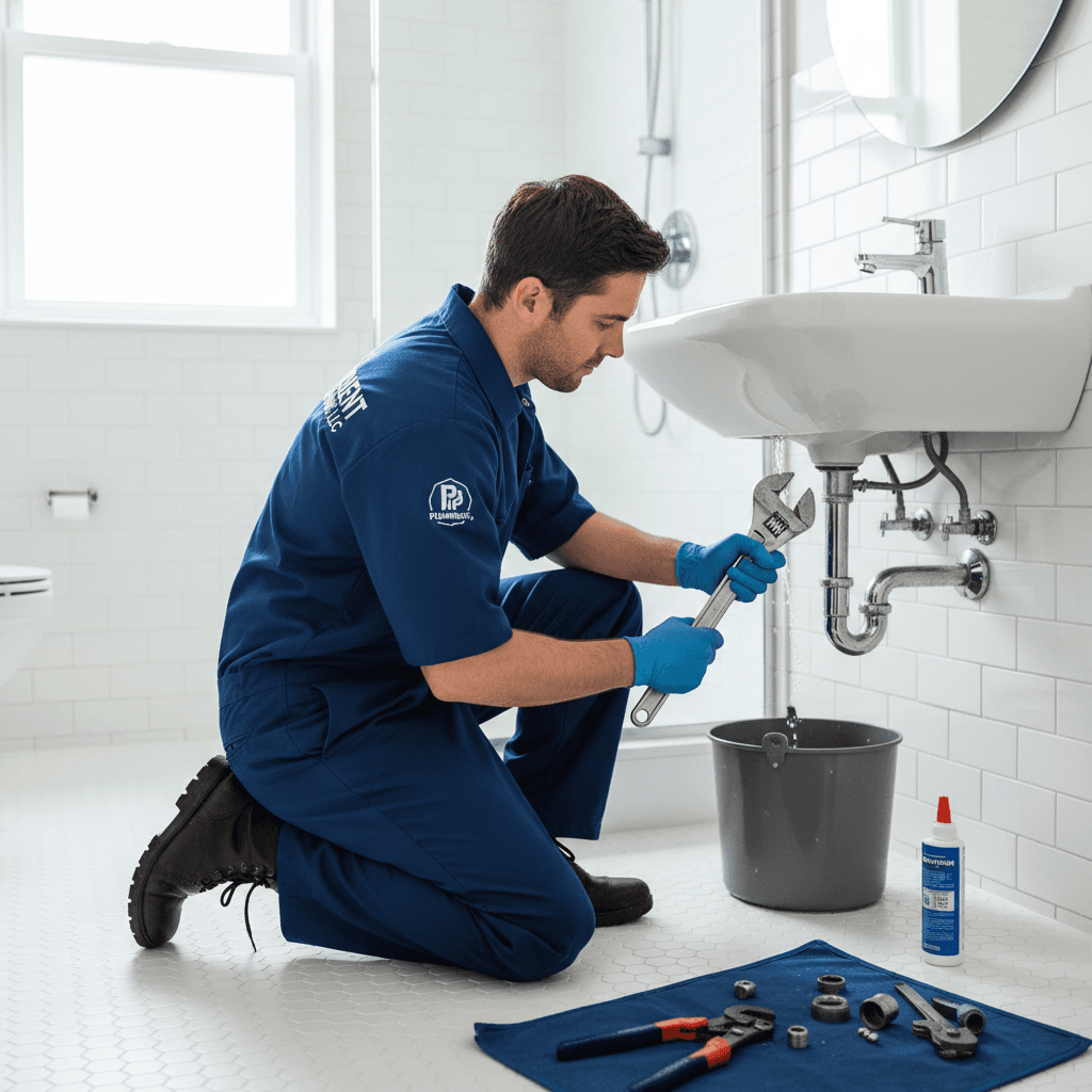 Plumber fixing a leak in a modern bathroom during an emergency repair