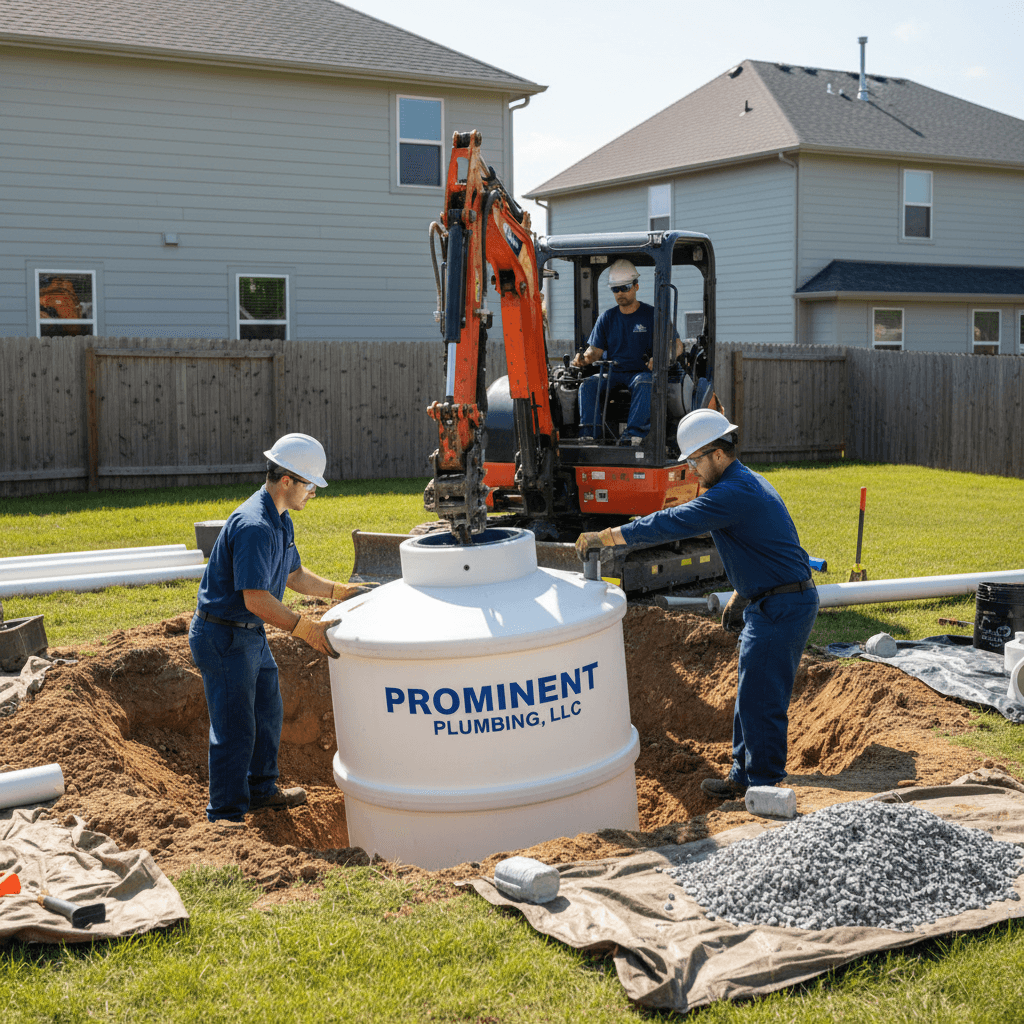 Technicians installing a septic tank system in a residential backyard with safety gear and equipment