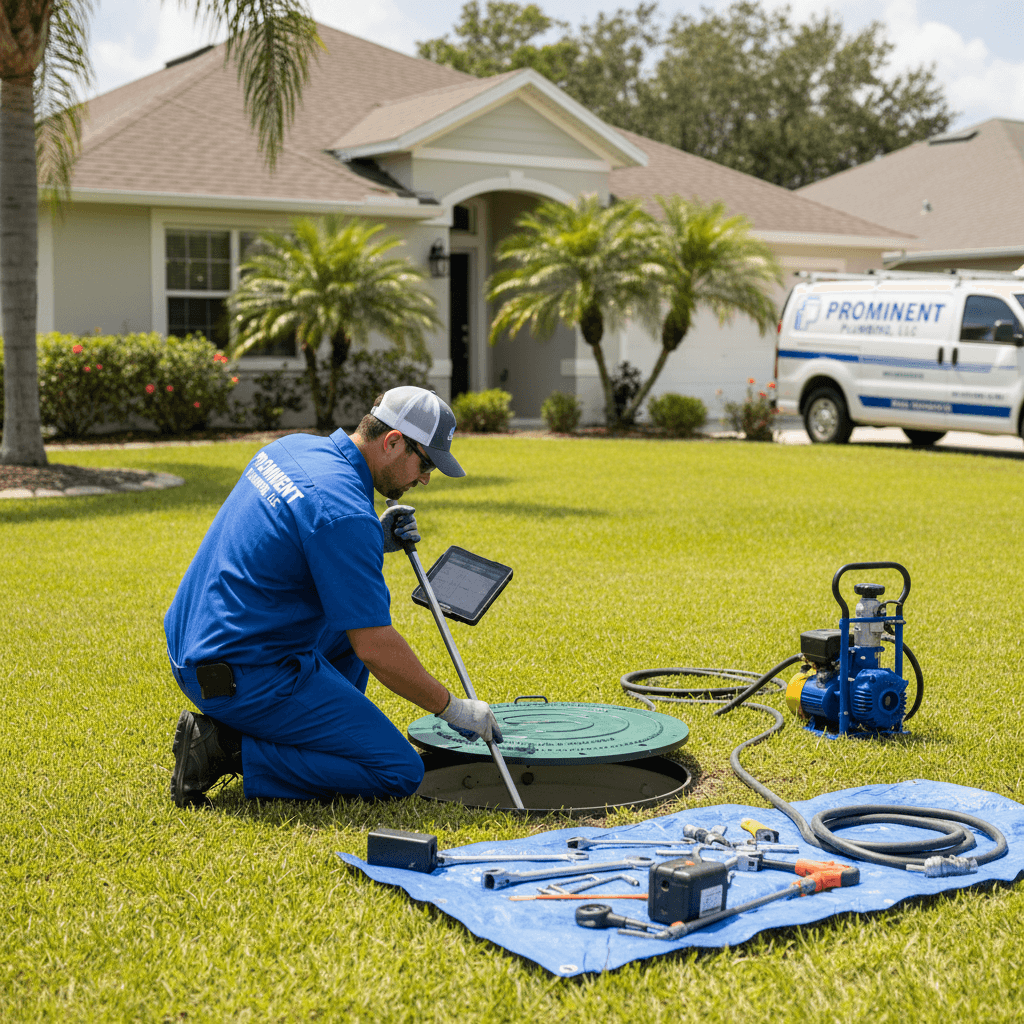 Technician performing septic system maintenance in a suburban yard