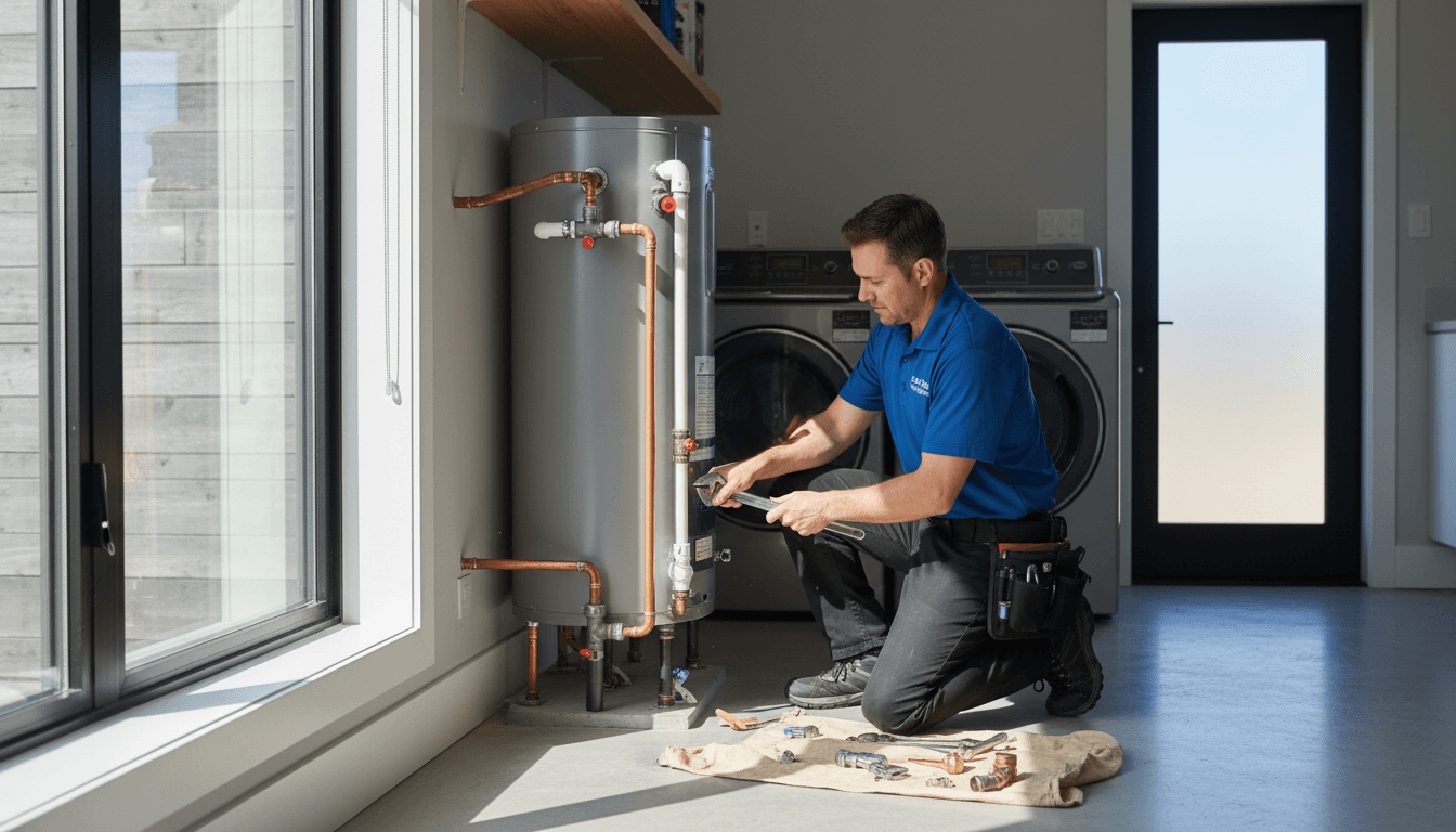 Professional plumber installing or repairing plumbing system in a residential home