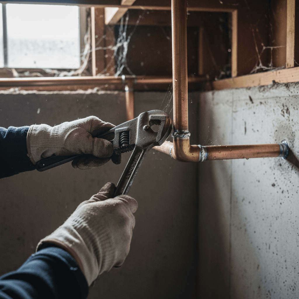 Copper pipe installation in residential bathroom