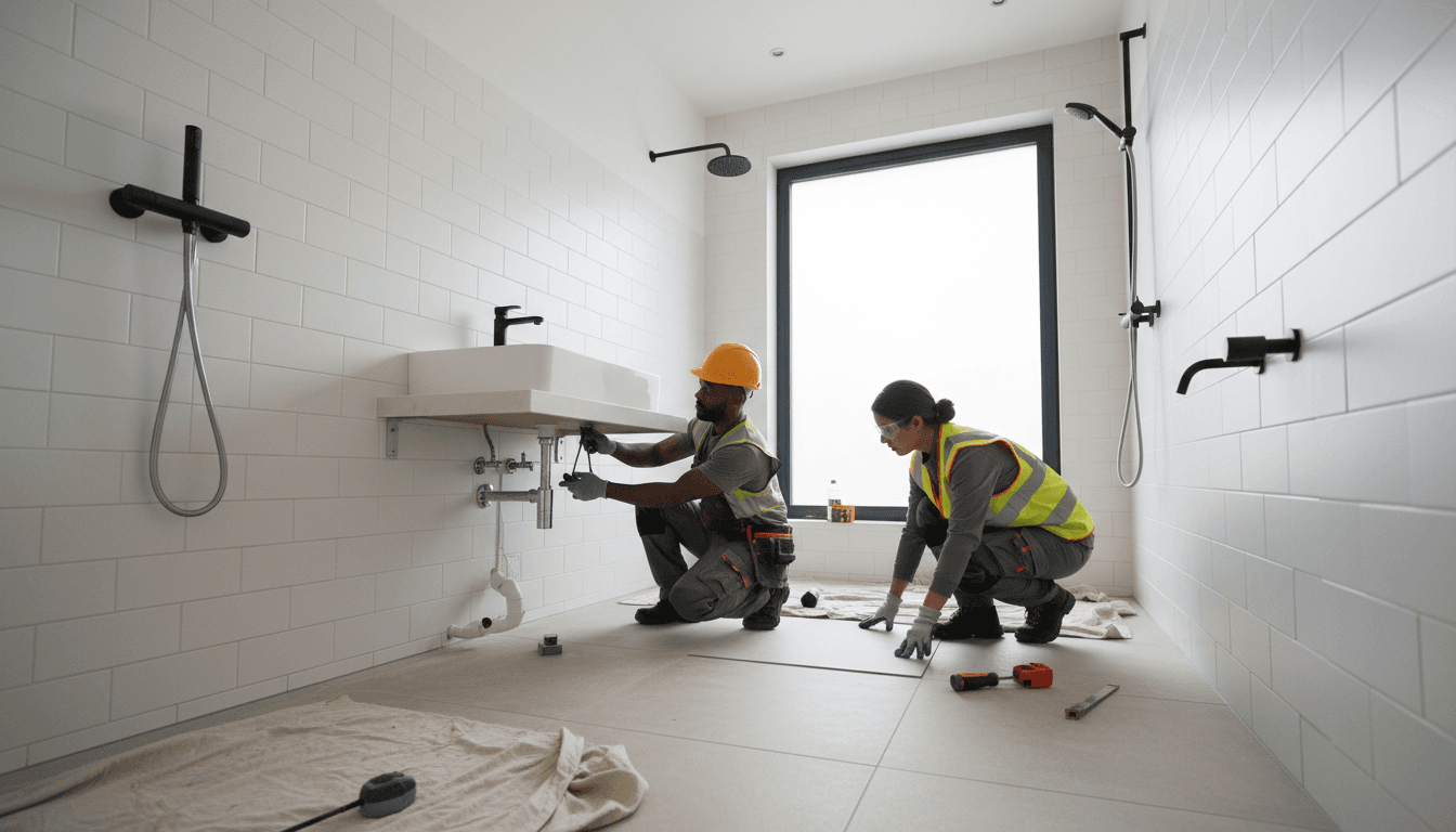 Professional plumbers installing modern fixtures and tile during residential bathroom renovation project