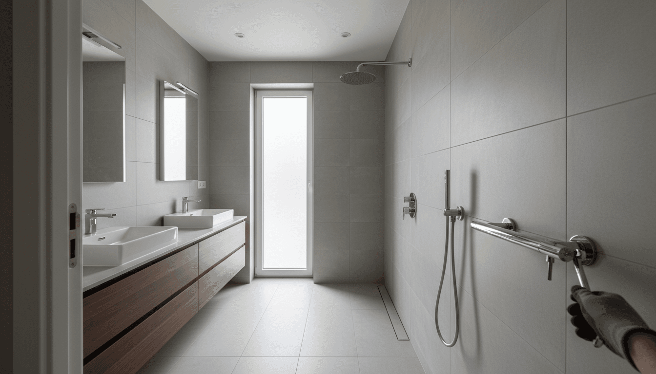 Modern bathroom with newly installed plumbing fixtures