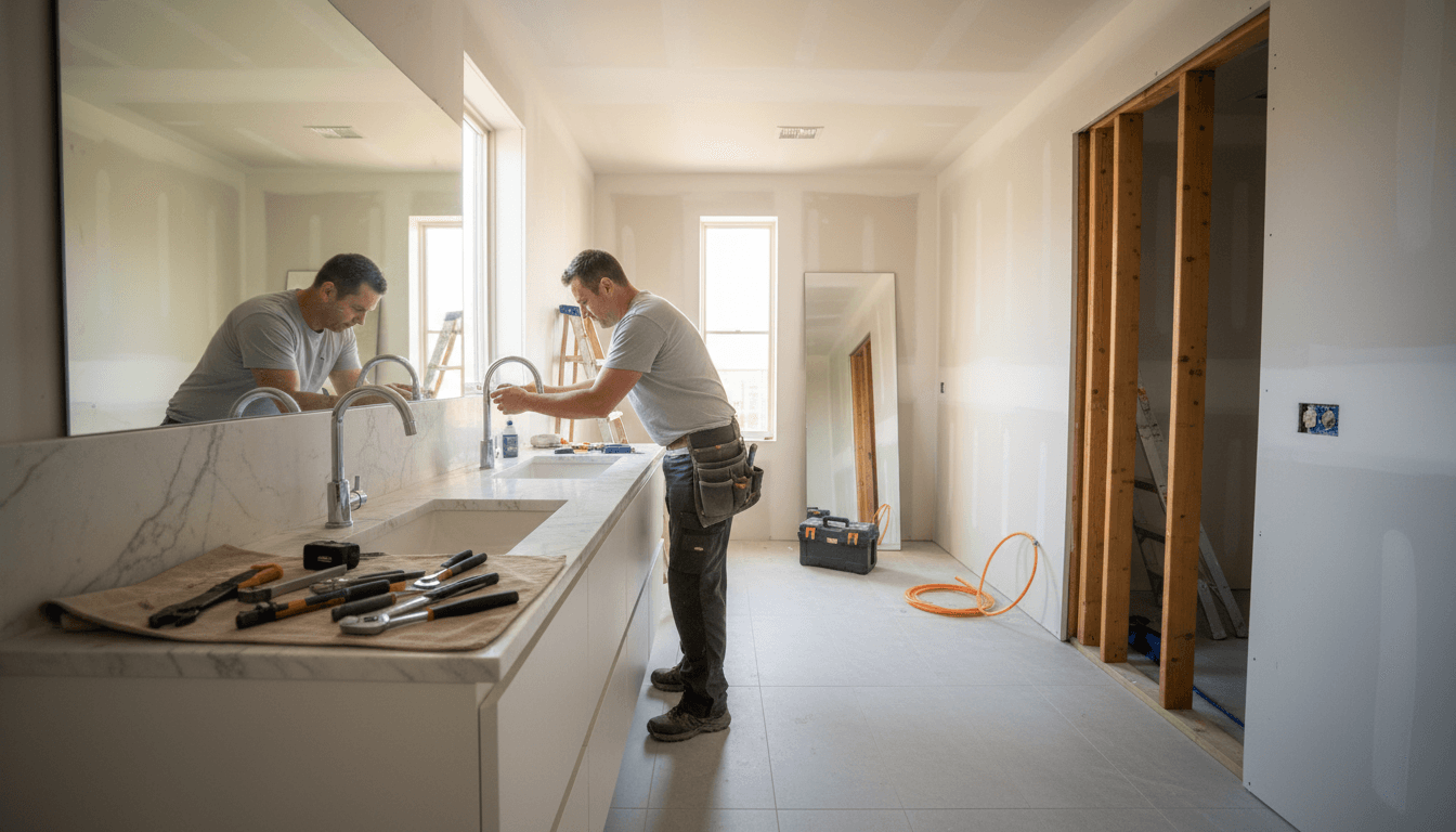 Professional plumber installing new plumbing pipes in a residential home