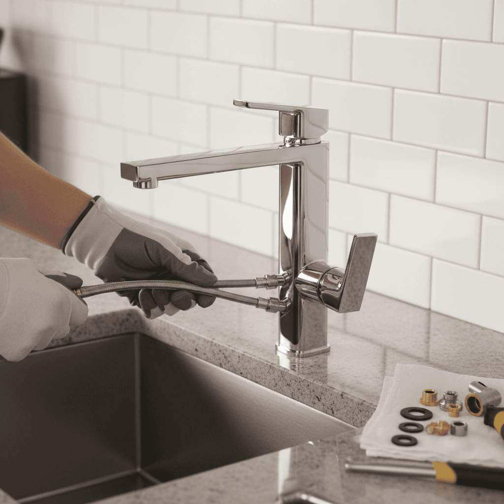 Plumber installing chrome kitchen faucet with flexible water supply lines and granite countertop visible