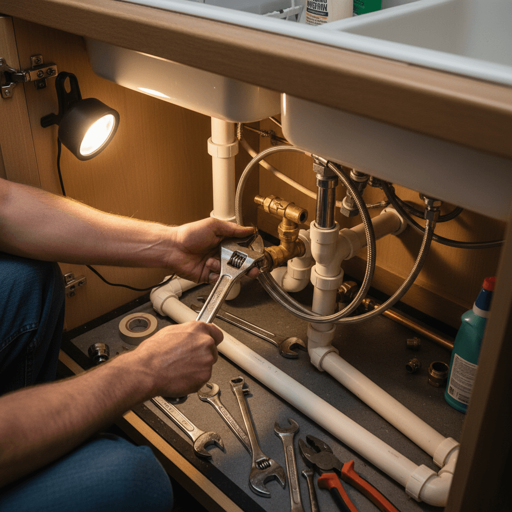 Professional plumber installing and repairing water pipes and fixtures under residential sink with specialized tools
