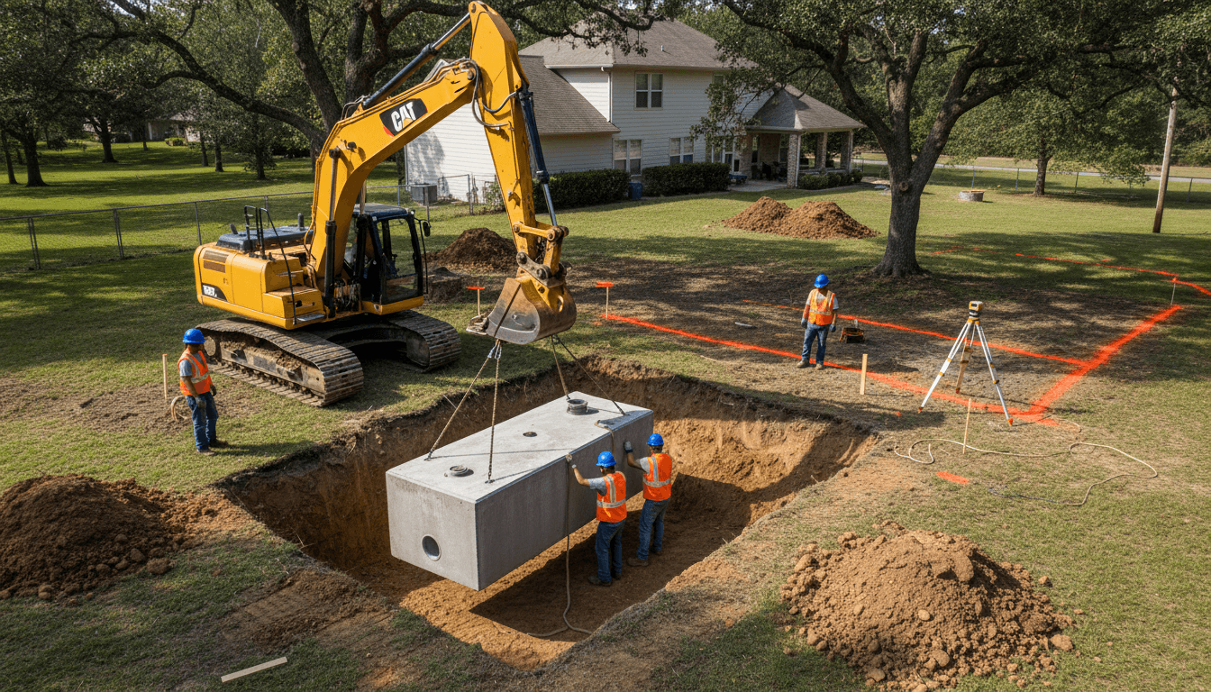 Professional installation crew positioning septic tank into excavated pit at residential property using heavy equipment