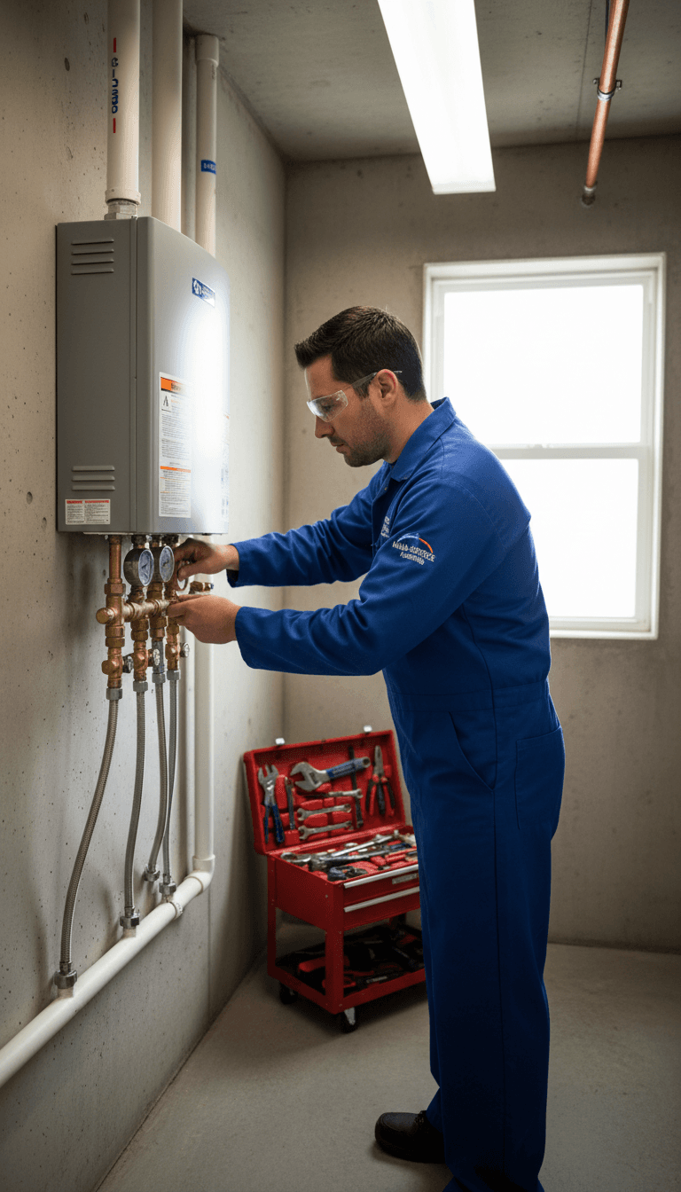 Professional plumber in safety gear performing water heater maintenance and valve inspection in a residential utility room