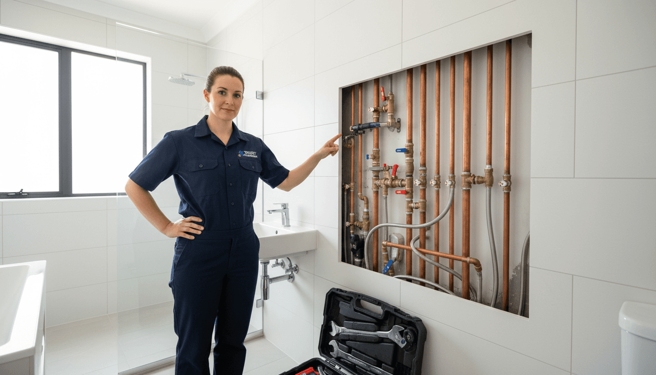 Professional plumber installing or repairing plumbing pipes in a residential home