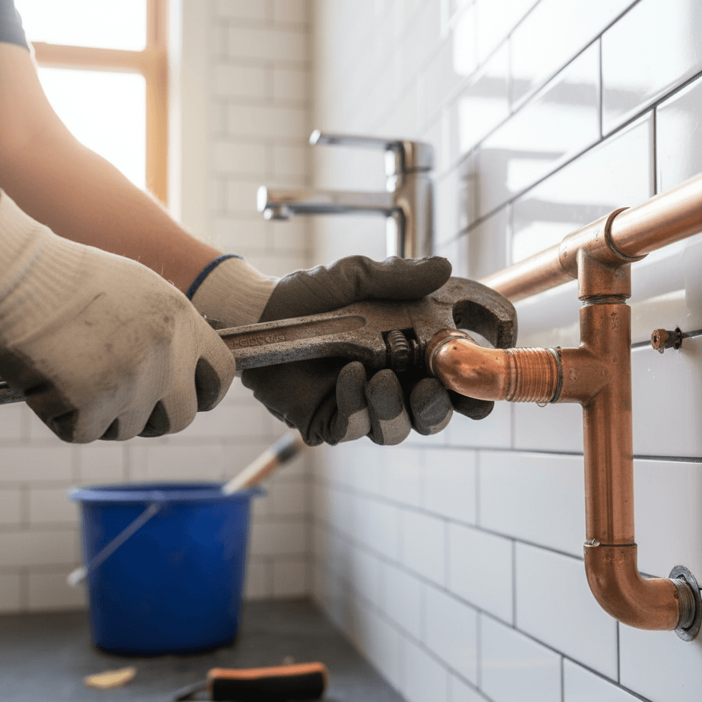 Plumber installing new copper pipes in residential wall