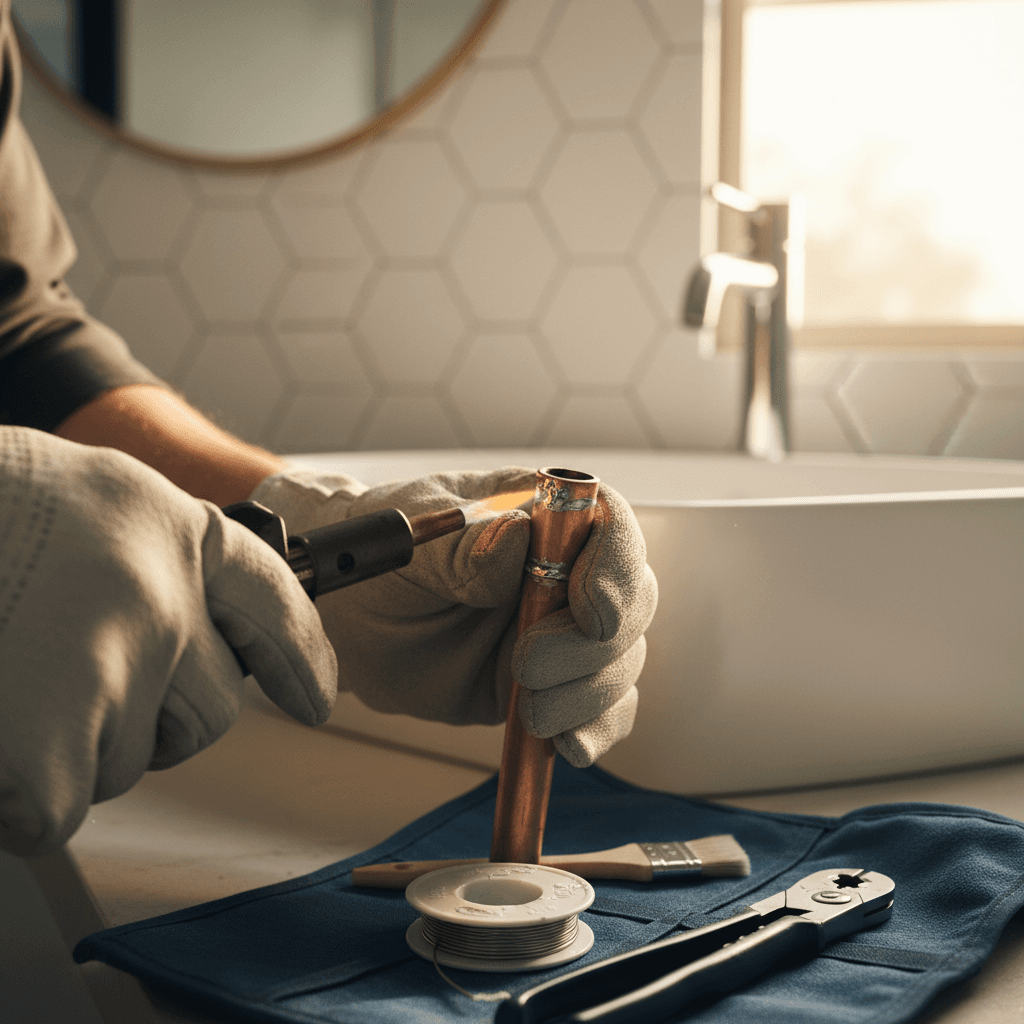 Plumber's hands soldering copper pipe connections with torch during bathroom renovation installation work