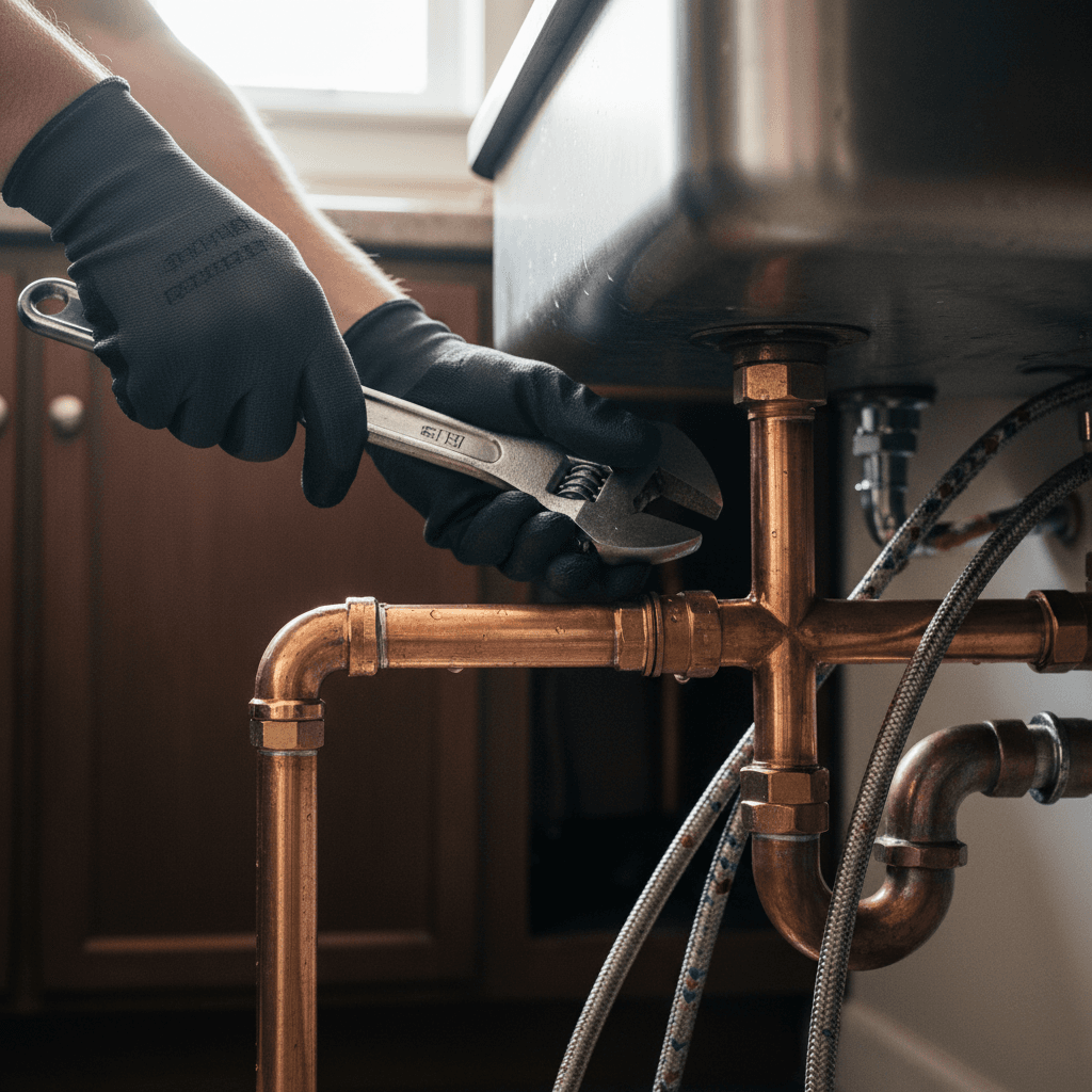 Plumber installing pipes during a home plumbing project