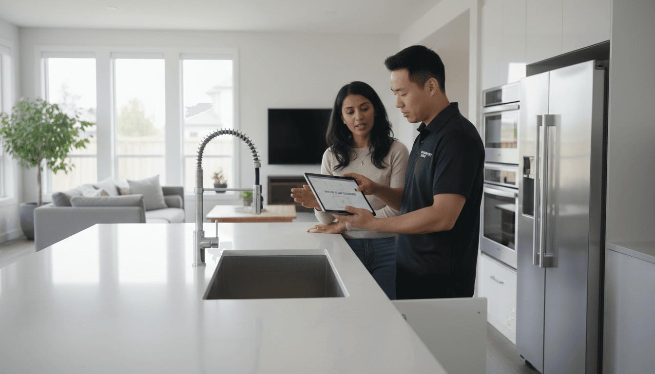 Plumber and homeowner discussing kitchen sink upgrades in modern residential kitchen with natural lighting